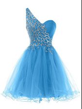 Beautiful Blue A-line Beading Prom Dresses Lace Up Tulle Sleeveless Mini Length