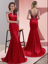  Red Backless Beading Cap Sleeves Sweep Train