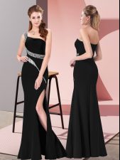 Shining One Shoulder Sleeveless Prom Party Dress Floor Length Beading Black Satin