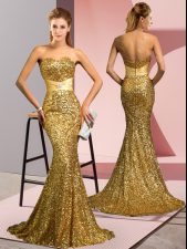 Hot Selling Gold Mermaid Sequined Sweetheart Sleeveless Beading Zipper Homecoming Dress Sweep Train