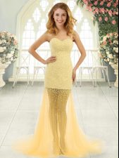 Comfortable Gold Homecoming Dress Prom and Party with Beading Sweetheart Sleeveless Brush Train Zipper