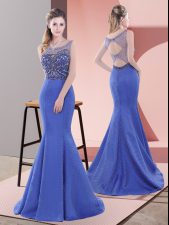 Comfortable Beading and Lace Dress for Prom Blue Lace Up Sleeveless Sweep Train