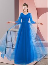 Edgy Floor Length Lace Up Prom Dress Blue for Prom and Party with Beading