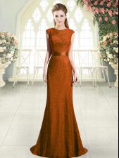Stunning Brown Dress for Prom Prom and Party with Lace Scoop Cap Sleeves Sweep Train Backless