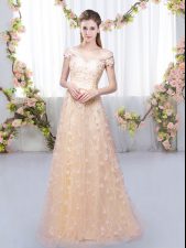  Peach Empire Off The Shoulder Cap Sleeves Tulle Floor Length Lace Up Appliques Dama Dress