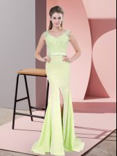 Discount Yellow Green Zipper Homecoming Dress Beading and Lace Sleeveless Sweep Train