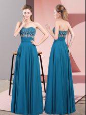 Hot Selling Blue Chiffon Lace Up Prom Dress Sleeveless Floor Length Beading