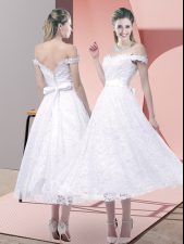  Tea Length White Homecoming Dress Lace Sleeveless Belt