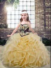  Champagne Little Girl Pageant Gowns Party and Wedding Party with Embroidery and Ruffles Straps Sleeveless Lace Up