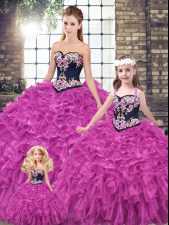 Lovely Organza Sweetheart Sleeveless Lace Up Embroidery and Ruffles Sweet 16 Dresses in Fuchsia