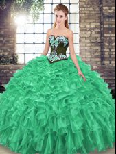  Green Ball Gowns Organza Sweetheart Sleeveless Embroidery and Ruffles Lace Up Ball Gown Prom Dress Sweep Train