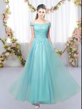 Aqua Blue Sleeveless Floor Length Lace Lace Up Quinceanera Court Dresses