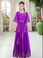 Gorgeous Half Sleeves Floor Length Lace Lace Up Prom Party Dress with Purple