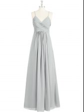 Graceful Grey Backless Prom Evening Gown Ruching Sleeveless Floor Length