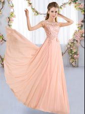  Empire Court Dresses for Sweet 16 Peach Scoop Chiffon Sleeveless Floor Length Lace Up