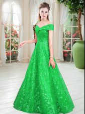 Top Selling A-line Evening Dress Green Off The Shoulder Lace Sleeveless Floor Length Lace Up