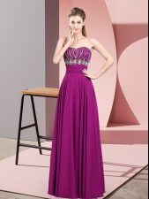 Free and Easy Strapless Sleeveless Prom Evening Gown Floor Length Beading and Ruching Fuchsia Chiffon
