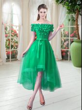  Green A-line Appliques Prom Party Dress Lace Up Tulle Short Sleeves High Low