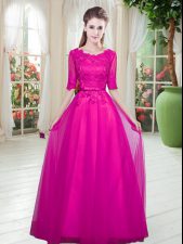 Most Popular Half Sleeves Floor Length Lace Lace Up with Fuchsia