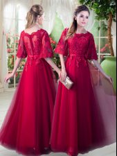 Customized Floor Length Red Dress for Prom Scoop Half Sleeves Zipper