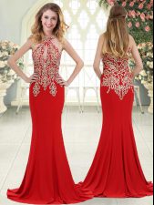 Stylish Red Zipper Homecoming Dress Beading and Lace Sleeveless Sweep Train