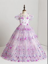 Excellent Lilac Short Sleeves Floor Length Hand Made Flower Zipper Little Girls Pageant Gowns