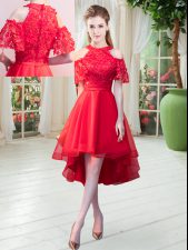 Dazzling Red A-line Lace Dress for Prom Zipper Tulle Short Sleeves High Low