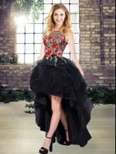 Low Price Black Sleeveless Embroidery High Low Homecoming Dress
