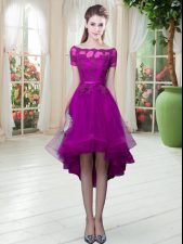  High Low A-line Short Sleeves Purple Prom Gown Lace Up