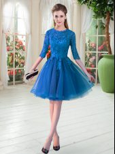 Glorious Blue A-line Tulle Scalloped Half Sleeves Lace Knee Length Zipper Prom Party Dress