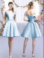  Sleeveless Satin Mini Length Lace Up Quinceanera Dama Dress in Light Blue with Belt