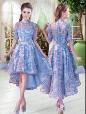 Enchanting High Low A-line Half Sleeves Blue Evening Dress Lace Up