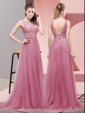  Pink Scoop Neckline Lace Dress for Prom Sleeveless Lace Up