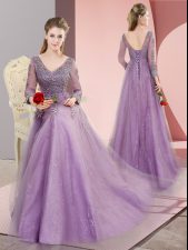  Lavender Lace Up V-neck Beading and Appliques Prom Party Dress Tulle Long Sleeves Sweep Train