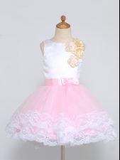  Pink And White Ball Gowns Lace and Appliques Flower Girl Dress Zipper Tulle Sleeveless Mini Length