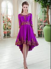Enchanting Purple A-line Embroidery Homecoming Dress Satin Long Sleeves High Low