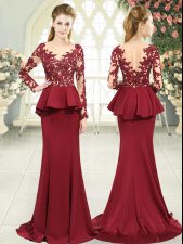 Customized Lace and Appliques Prom Dresses Red Zipper Long Sleeves Sweep Train