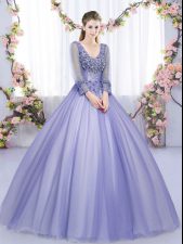  Tulle V-neck Long Sleeves Lace Up Lace and Appliques Quince Ball Gowns in Lavender