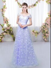 Admirable Lavender Tulle Lace Up Court Dresses for Sweet 16 Cap Sleeves Floor Length Appliques