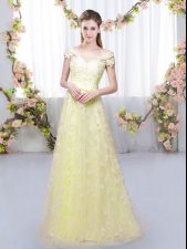  Empire Quinceanera Court of Honor Dress Light Yellow Off The Shoulder Tulle Cap Sleeves Floor Length Lace Up