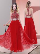 Sophisticated Ankle Length Red Prom Party Dress Chiffon Sleeveless Beading