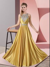  Gold Satin Lace Up Dress for Prom Sleeveless Floor Length Beading