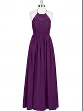  Chiffon Halter Top Sleeveless Zipper Lace Dress for Prom in Eggplant Purple