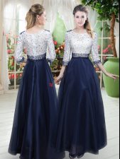 Dynamic Floor Length Zipper Homecoming Dress Navy Blue for Prom and Party with Beading and Lace