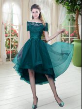  Peacock Green Off The Shoulder Neckline Lace Prom Dress Short Sleeves Lace Up