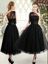 Modest Tulle One Shoulder Sleeveless Side Zipper Ruching Prom Dresses in Black