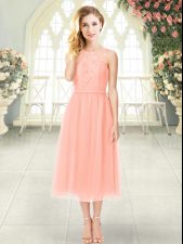  Scoop Sleeveless Prom Evening Gown Tea Length Lace Peach Chiffon