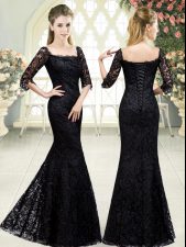 Eye-catching Sweetheart Half Sleeves Prom Gown Sweep Train Beading and Lace Black Organza