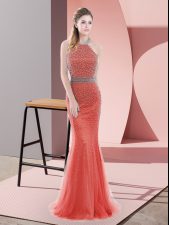 Luxury Backless Prom Dresses Red for Prom and Party with Beading Sweep Train