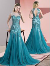 Luxurious Teal Tulle Backless Scoop Sleeveless Prom Evening Gown Sweep Train Beading and Appliques